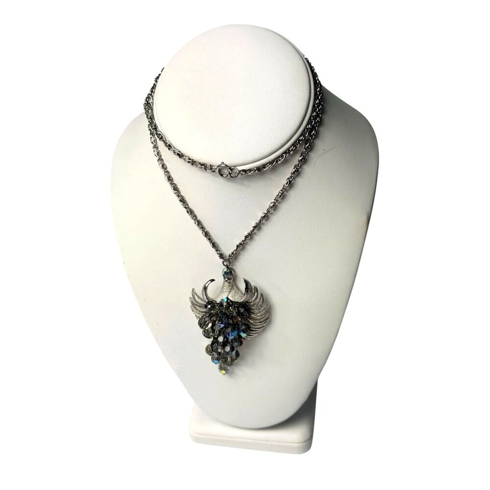 Vintage Aurora Borealis Cha Cha Dangle Necklace Silver-Tone Pendant & Chain 24"
